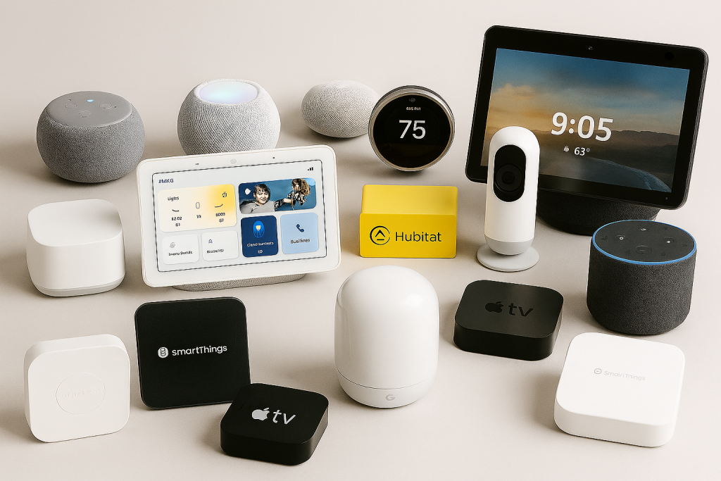 Various smart hubs from Amazon Alexa, Apple Homekit, SmartThings, and Google Home all gathered in one area.