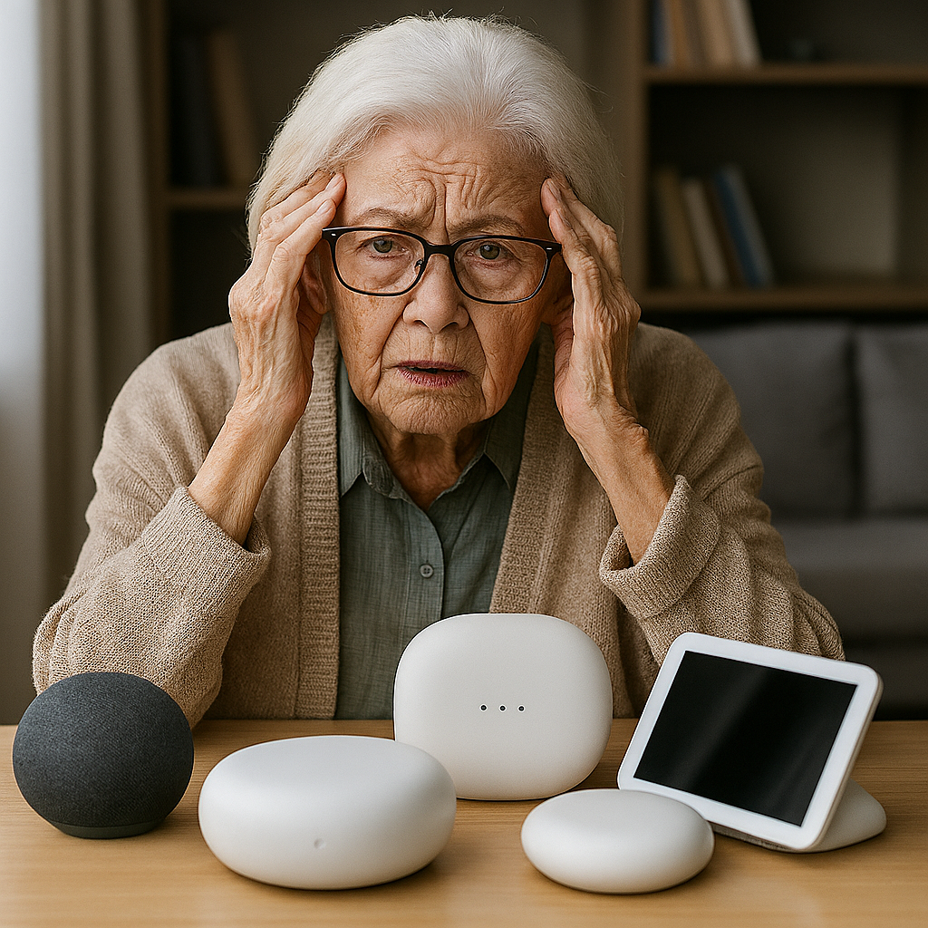 grandma overwhelmed with smart hub options