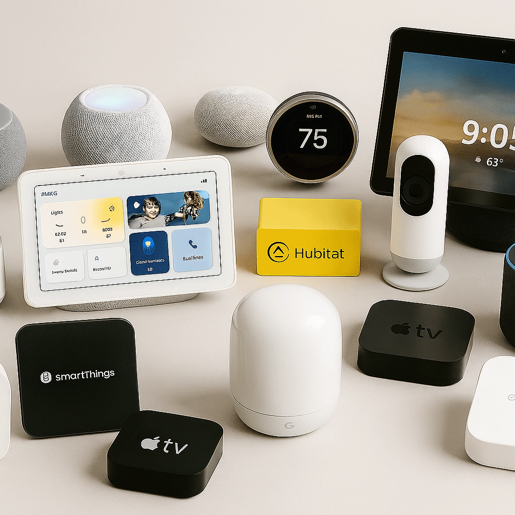 Various smart hubs from Amazon Alexa, Apple Homekit, SmartThings, and Google Home all gathered in one area.