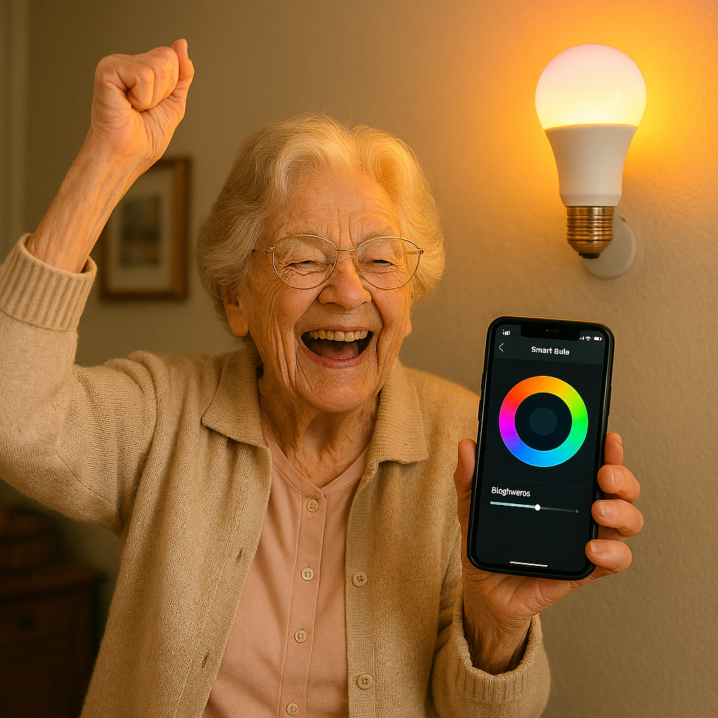 An old woman excited by controlling a smart light with her smartphone.