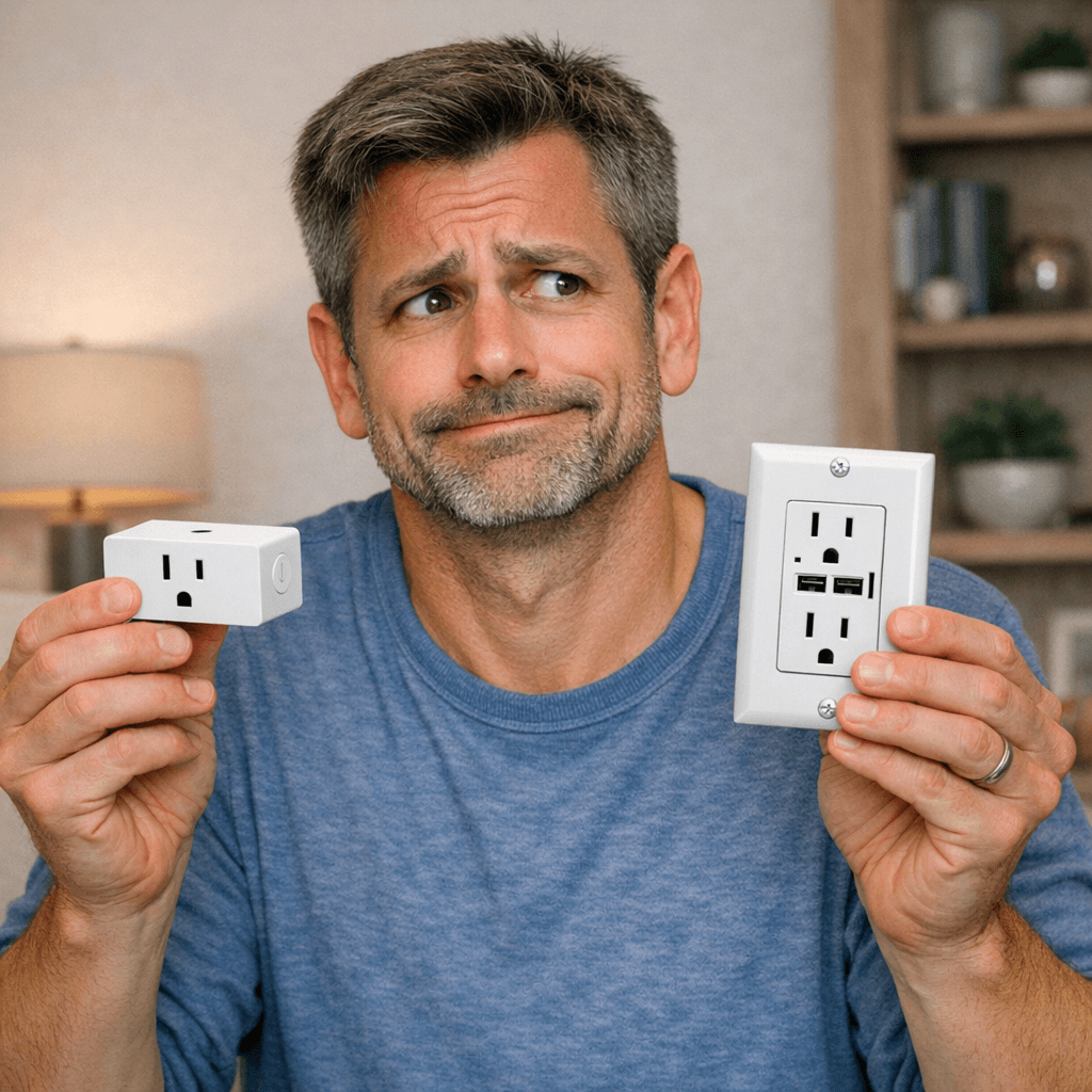 Smart Plug or Smart Wall Outlet? a man deciding between a smart plug or a smart wall outlet