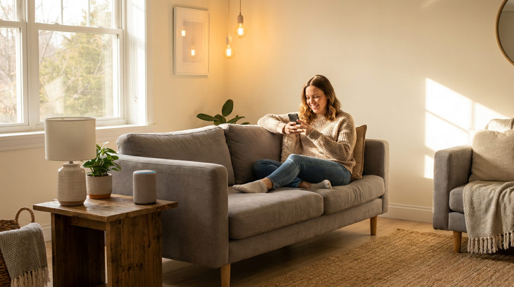 a real cozy living room warm evening light a woman relaxing on a couch holding a smartphone