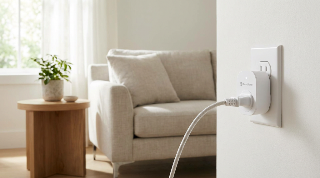 close up lifestyle photo of a white smart plug