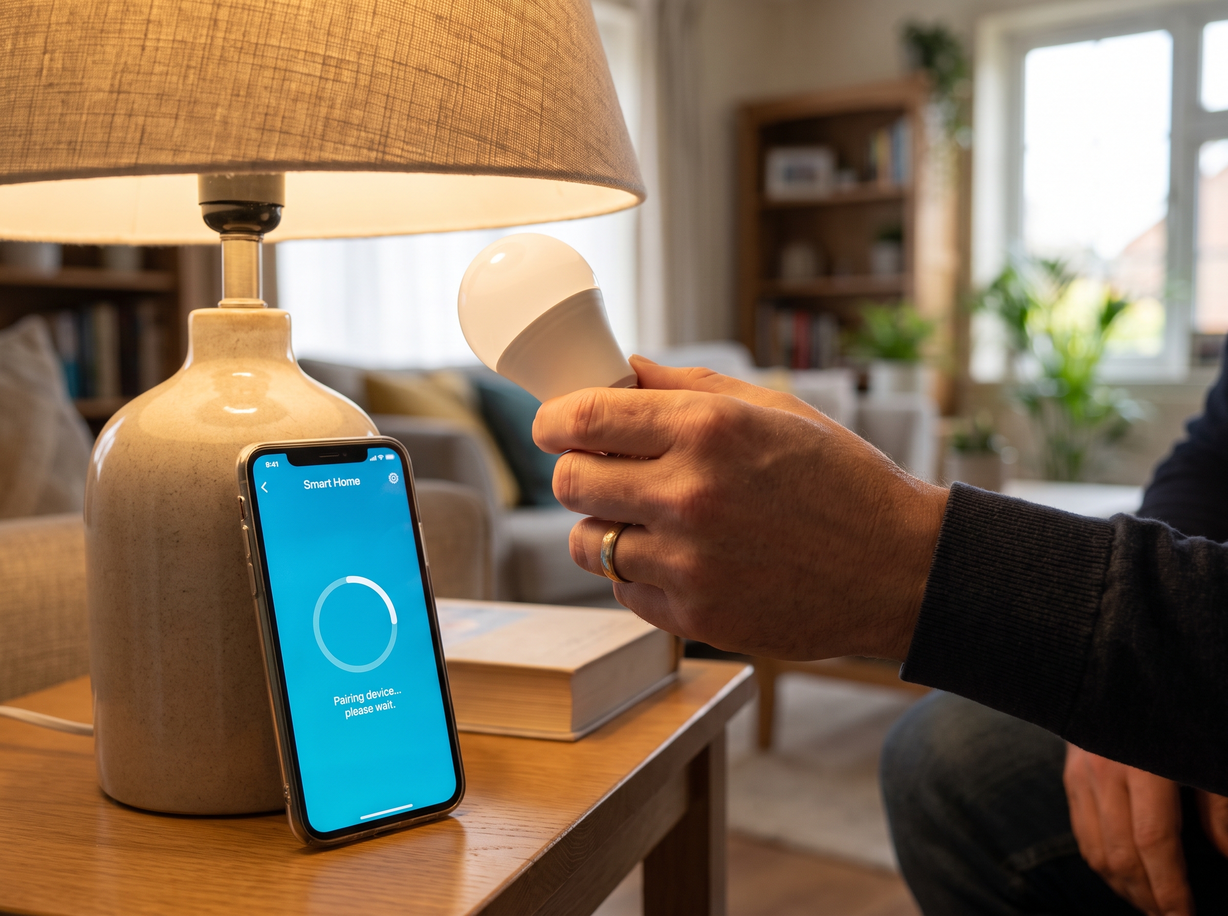 Close-up of a hand installing a smart LED bulb into a table lamp while a phone shows a pairing screen