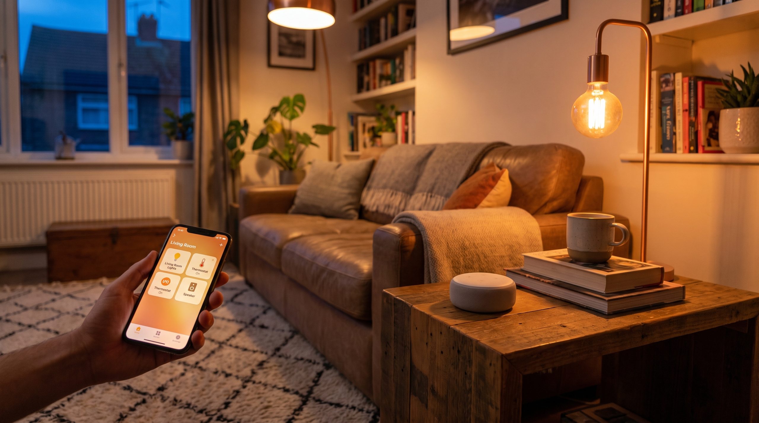 Cozy living room at dusk with glowing smart bulbs and a smart speaker on a side table