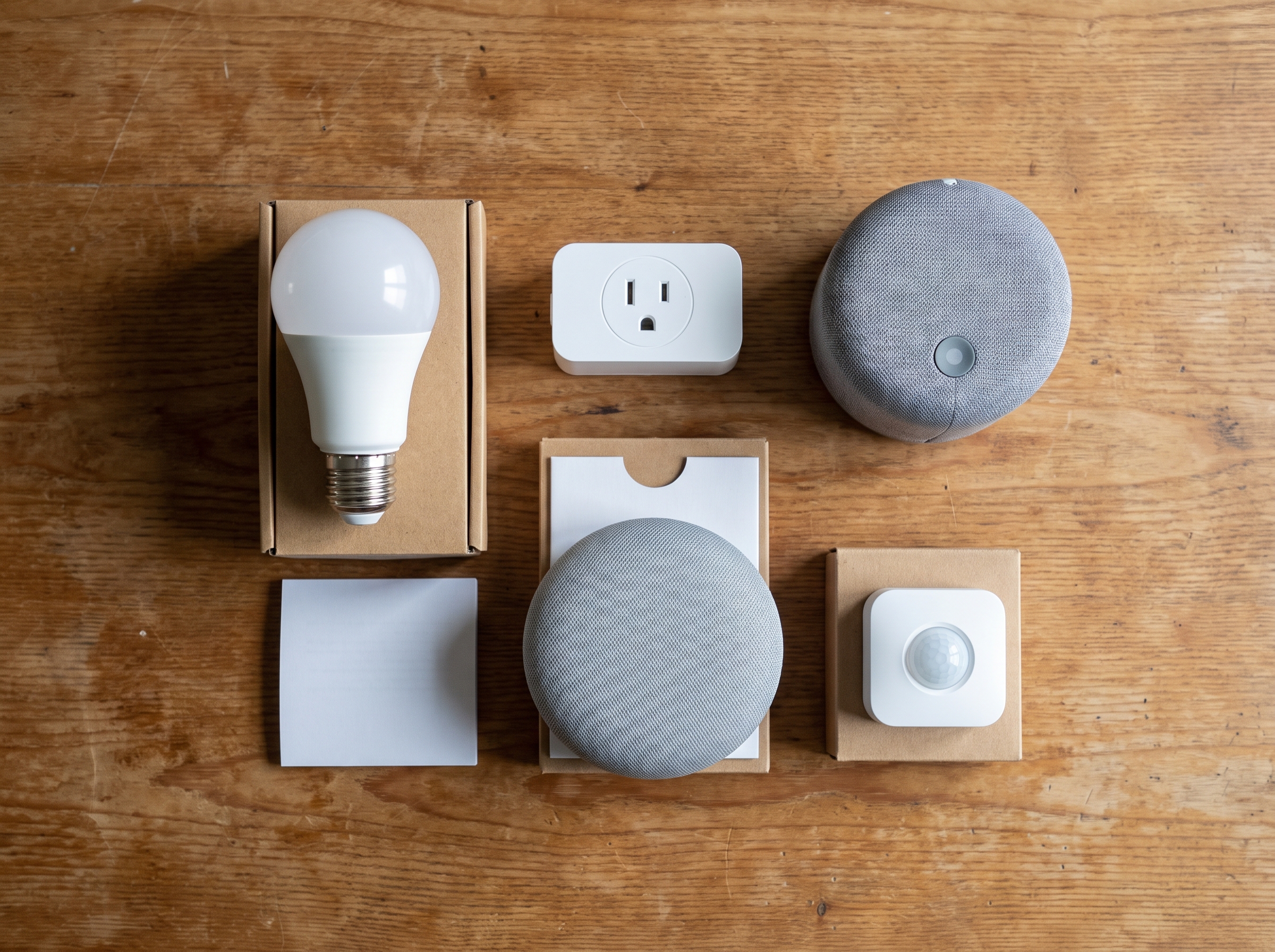Overhead flat-lay of a beginner smart home starter kit including a smart bulb, smart plug, hub speaker, and motion sensor